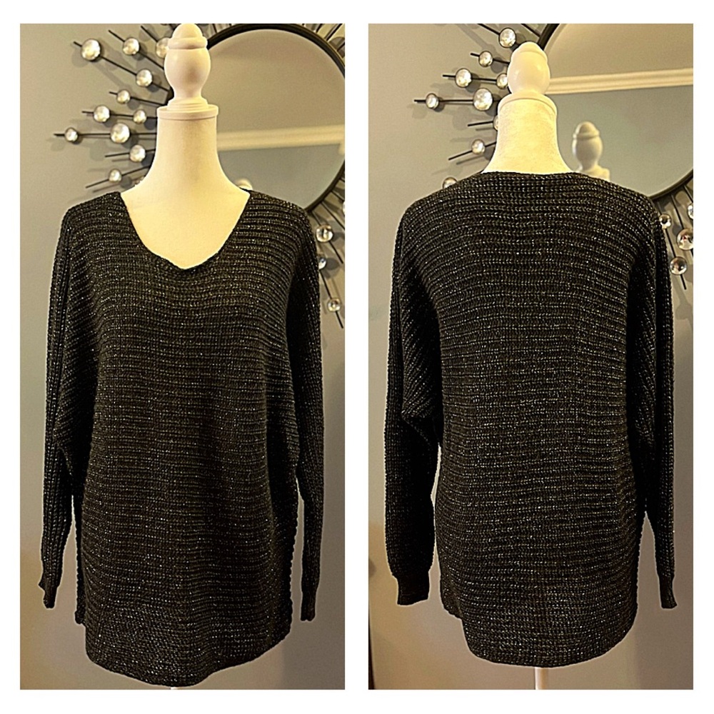 Women Sparkle Brown and Gold V Neck Knit Dolman Sweater M or L